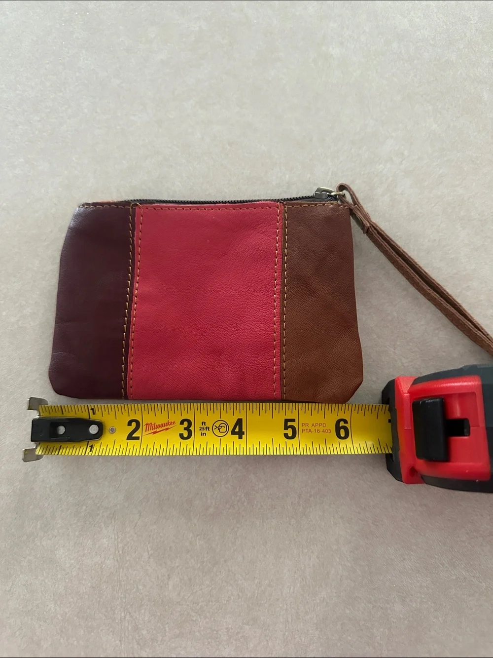 Colorblock Leather Wristlet Clutch in Red, Brown, and Tan